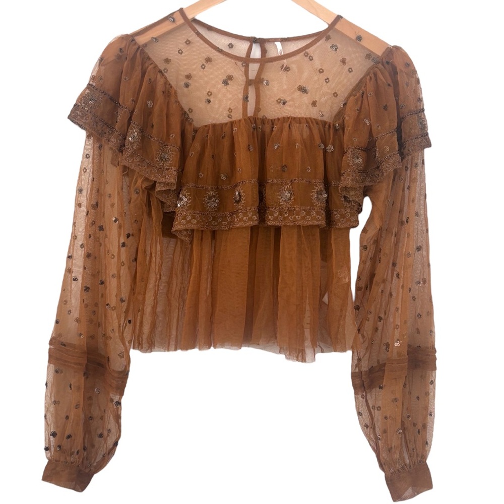 FREE PEOPLE Bronze Sequins Sheer Ruffle Top, size small - Picture 4 of 10
